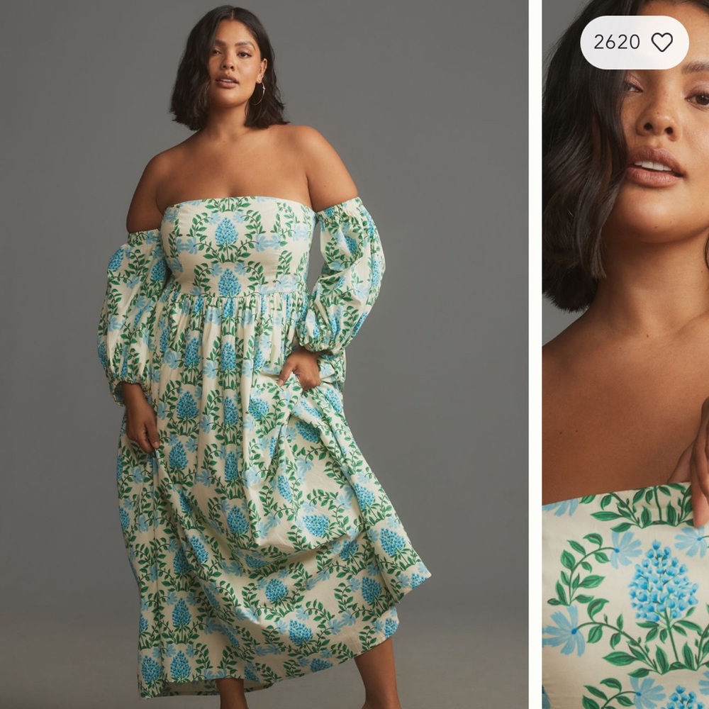 Anthropologie Printed Off the Shoulder Midi- Dress.